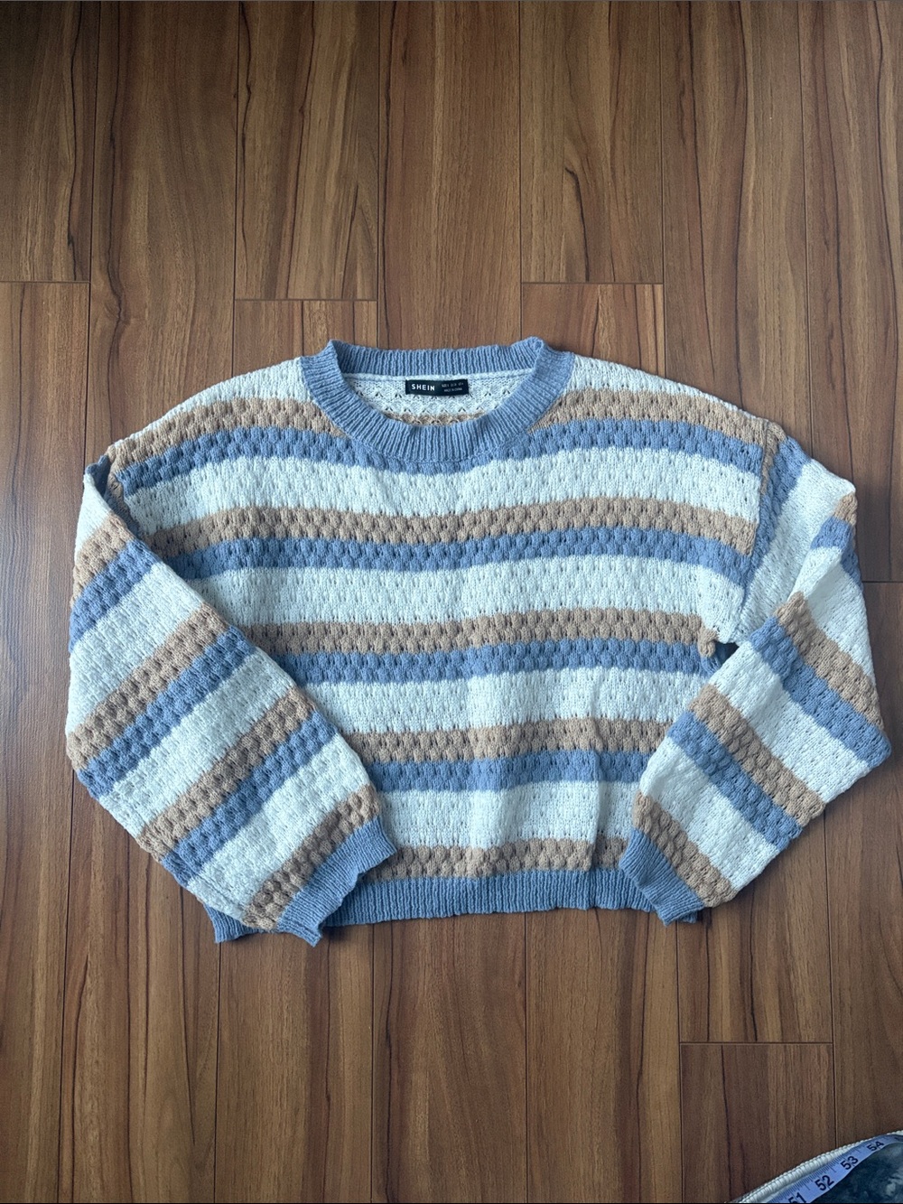SHEIN Blue, Cream & Tan Striped Crewneck Sweater
